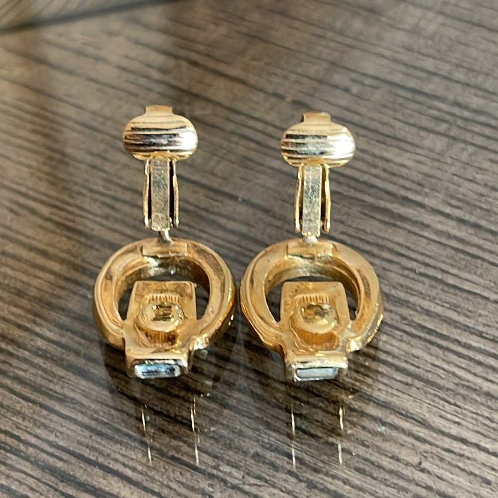 Vintage CHRISTIAN DIOR Door Knocker Clip On Earrings Gold Rhinestone Signed 70’s - Picture 12 of 17
